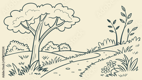 A simple line drawing of a peaceful landscape featuring a large tree and a winding path.