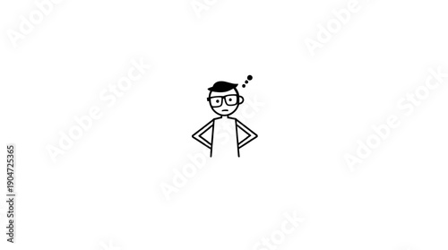 Contemplative simple cartoon man with glasses and hands behind head, showing dots indicating deep thought on an isolated white background.