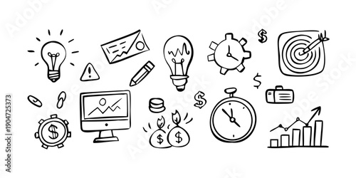 A collection of icons representing various aspects of business and productivity. Vector