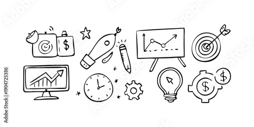 Diverse icons representing various aspects of business and productivity Vector