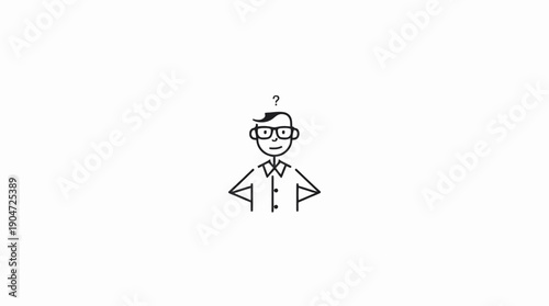 Puzzled simple cartoon man with glasses and hands on hips, displaying a question mark above his head on an isolated white background.