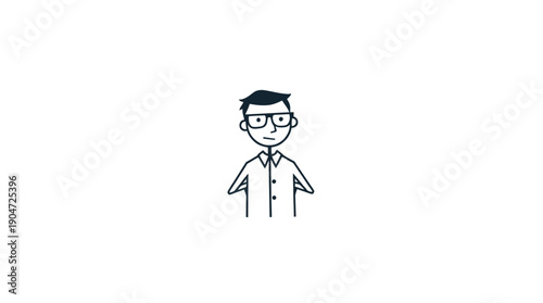 Simple line art cartoon man with glasses standing calmly on an isolated white background.