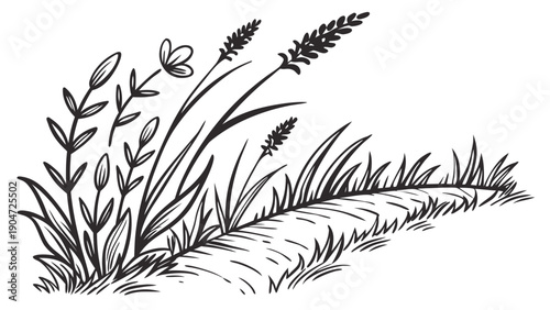 A black and white hand drawn sketch of wild flowers and tall grass on a meadow
