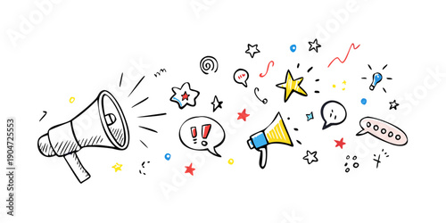 A vibrant illustration of a megaphone emitting various symbols and icons. Vector