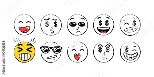 An assortment of diverse emojis showcasing various facial expressions and emotions Vector
