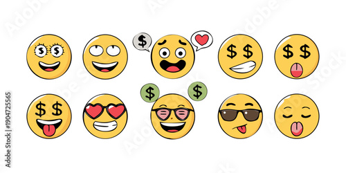 A diverse collection of emojis depicting various human emotions and expressions Vector