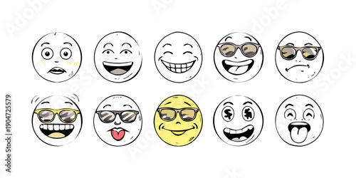 A diverse collection of expressive emojis showcasing various emotions and reactions Vector