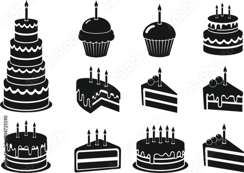 Cake and cupcake silhouettes with candles sliced desserts birthday celebration black bakery vector illustration set