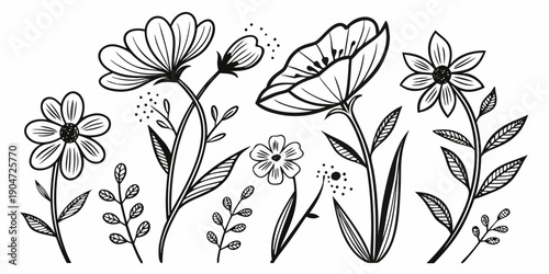 A delicate illustration of various butterflies and flowers in a natural setting Vector