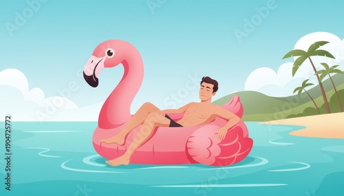 Illustration of flamingo inflatable on water, bright tropical summer background with copy space