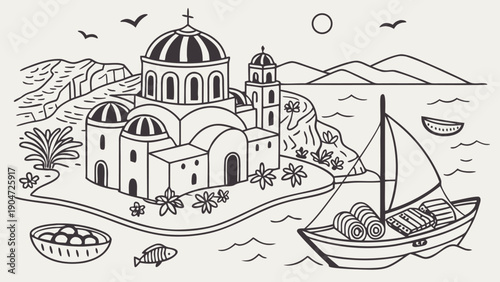 A line drawing of a traditional greek orthodox church by the sea with a sailboat and mountains.