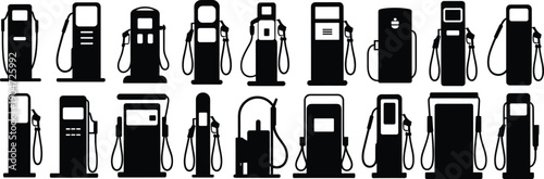 Gas pump silhouettes collection with modern and vintage fuel station equipment, refueling energy concept, black vector pumps isolated on white background