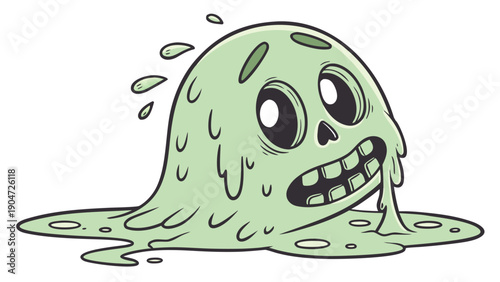A whimsical cartoon illustration of a melting green skull blob with a sad expression