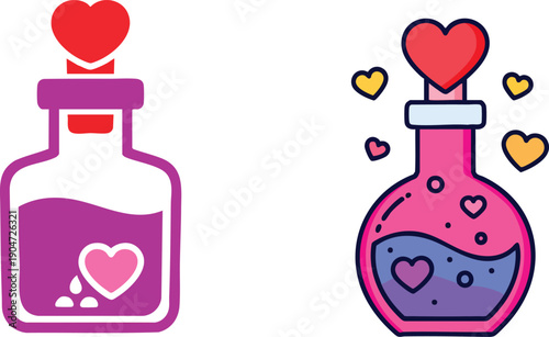 Two bottles of love potion decorated with hearts and swirls, in flat illustration style, representing magic, romance, and Valentine's Day.