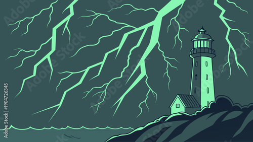 Pixel art illustration of a lonely lighthouse standing against a dramatic lightning storm.