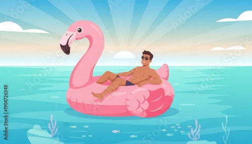 Flat style illustration of flamingo inflatable, sunny water scene for summer holiday promotion