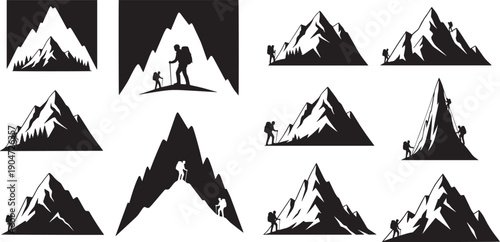 Black and white mountain silhouettes with hikers climbing trekking
