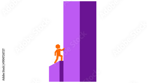 Minimalist abstract illustration of an orange figure climbing a steep purple bar chart, symbolizing business success, growth, challenge, and ambitious progress.