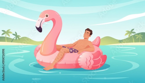Cartoon flamingo float on calm water, sunny beach illustration for summer vacation and travel