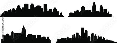 Set of modern city skyline silhouettes urban downtown buildings panoramas black architecture vector illustrations for branding design and creative projects