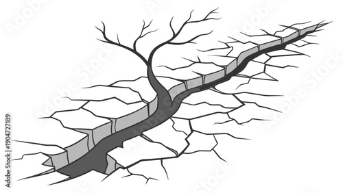 Illustration of a barren tree emerging from a large fissure in the dry ground.
