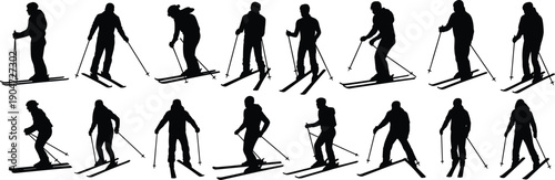 Skiing silhouettes set of winter sports athletes in motion, downhill ski poses, black vector figures isolated on white background