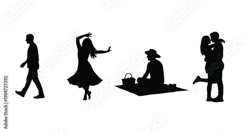 A romantic outdoor scene depicting couples and a picnic silhouette