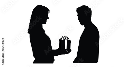 Couple with a gift facing away from each other black silhouette