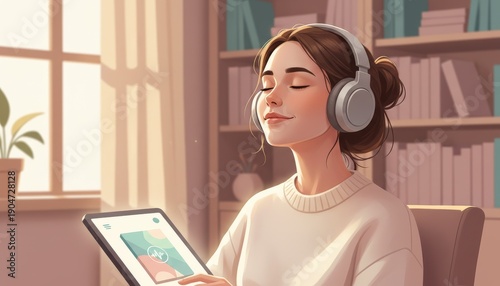 Woman listening with headphones by window, calm self care and modern editorial illustration scene