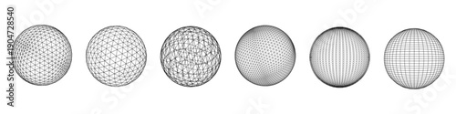 Wireframe shapes with linear mesh structure and geometric grid. Vector illustration of orb showing global network topology on isolated white background.