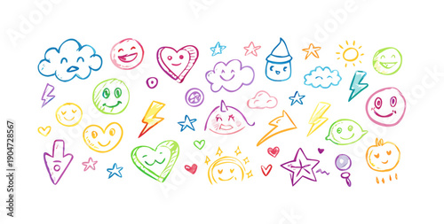 A delightful array of colorful doodles and symbols representing various themes and ideas Vector