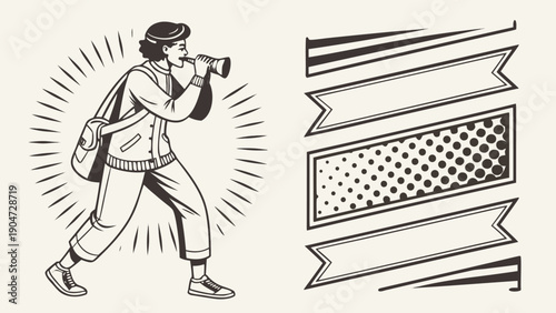 Retro woodcut style drawing of a photographer with a backpack and decorative banner elements.