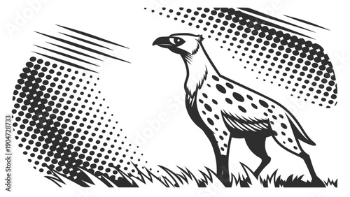 A woodcut style illustration of a mythical hybrid creature with a bird head and a spotted body.