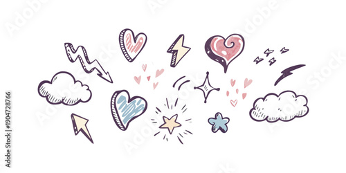 A whimsical illustration of floating hearts and clouds in various colors and shapes Vector