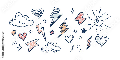 A whimsical illustration of floating hearts and clouds with lightning bolts and stars Vector