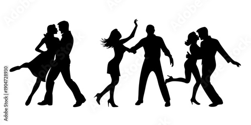 Silhouettes of people dancing in various styles against a white background Vector