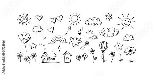 A delightful assortment of whimsical weather and nature icons in black and white Vector