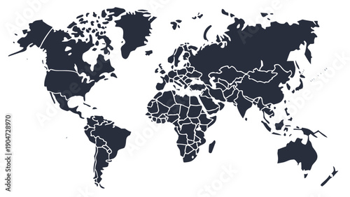 A dark blue world map silhouette with white borders showing all countries on a white background.
