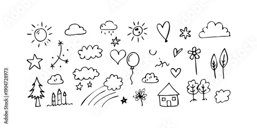 A whimsical collection of diverse weather and celestial symbols in black and white Vector
