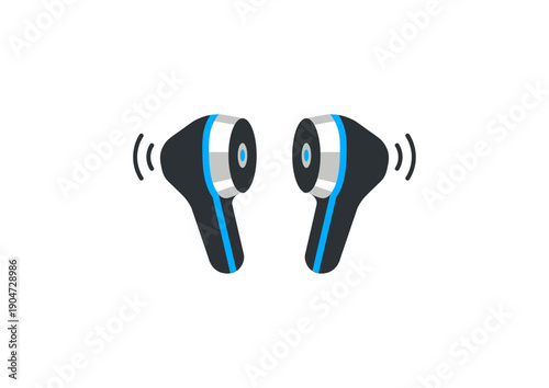 Minimal vector icon of wireless earbuds, sleek flat design, metallic silver with black and electric blue accents, abstract ergonomic shape, modern tech look. Perfect for e-commerce, app icons, UI desi