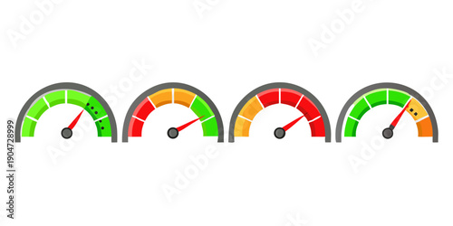 Four gauges with different colored needles indicating various levels of measurement. Vector