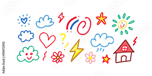 A vibrant collection of colorful doodles featuring hearts, stars, and various shapes Vector