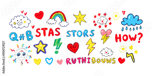 A vibrant collection of colorful stickers featuring various emoticons and symbols. Vector