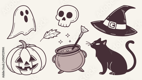 Hand drawn halloween elements including a ghost skull witch hat pumpkin and black cat.