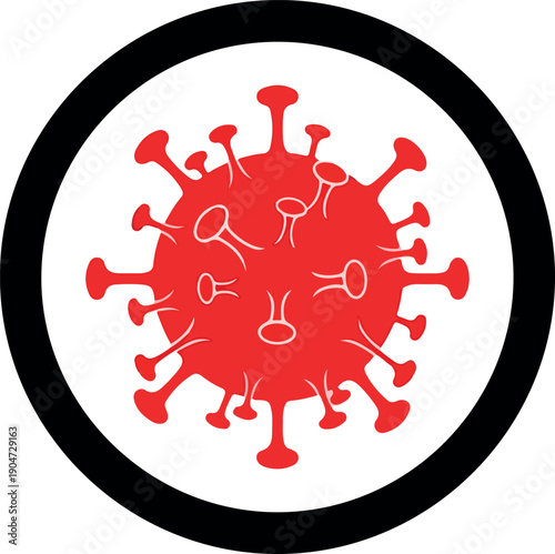 Striking red viral cell illustration encased in a distinct circular emblem, symbolizing infectious disease outbreaks, public health challenges, and global pandemic awareness efforts