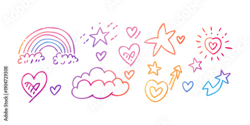 A delightful assortment of colorful hearts, stars, and clouds in a playful arrangement. Vector