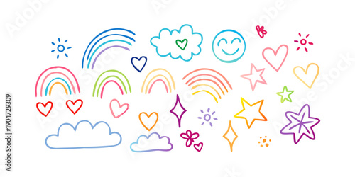 A delightful array of colorful clouds, stars, and hearts with rainbows and sunrays Vector