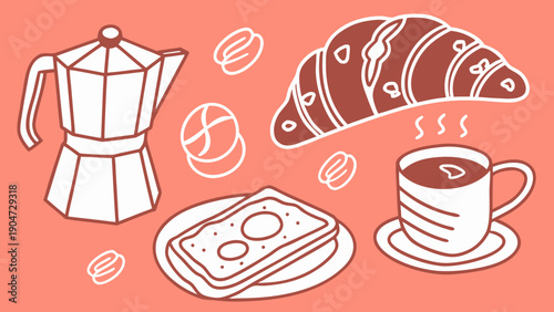 Hand drawn illustration of a breakfast scene with moka pot croissant and coffee cup