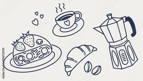 Hand drawn sketch of a breakfast set with moka pot, steaming coffee, croissant and fruit cake