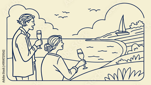 Line art illustration of a man and woman drinking champagne by the sea with a sailboat.